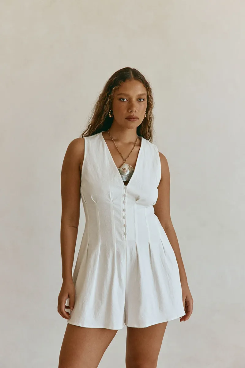 White Button-Front Playsuit - Image 2