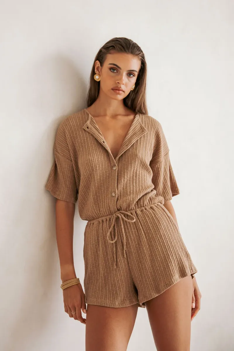 Tan Button-Front Playsuit