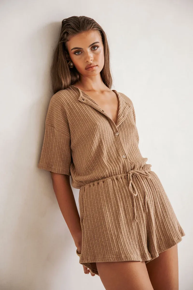 Tan Button-Front Playsuit - Image 2
