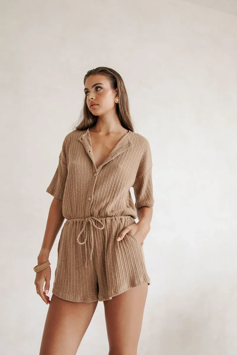Tan Button-Front Playsuit - Image 4