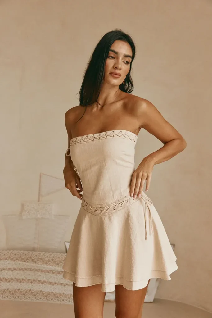 Beige Lace-Up Dress