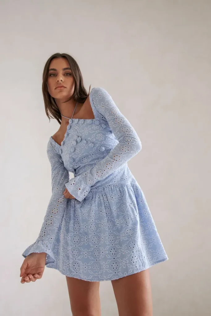 Blue Broderie Button Dress