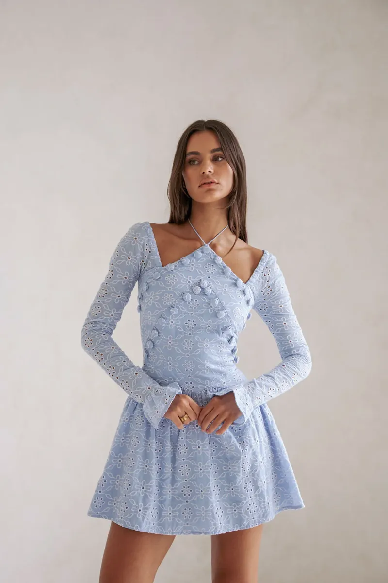 Blue Broderie Button Dress - Image 2