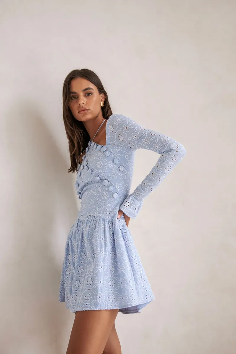 Blue Broderie Button Dress - Image 3