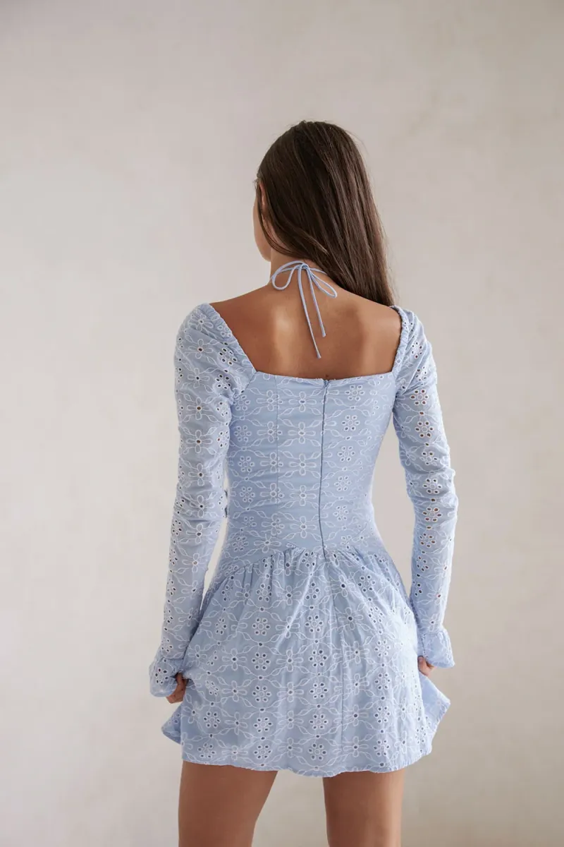 Blue Broderie Button Dress - Image 4