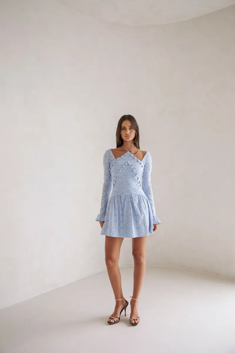 Blue Broderie Button Dress - Image 5