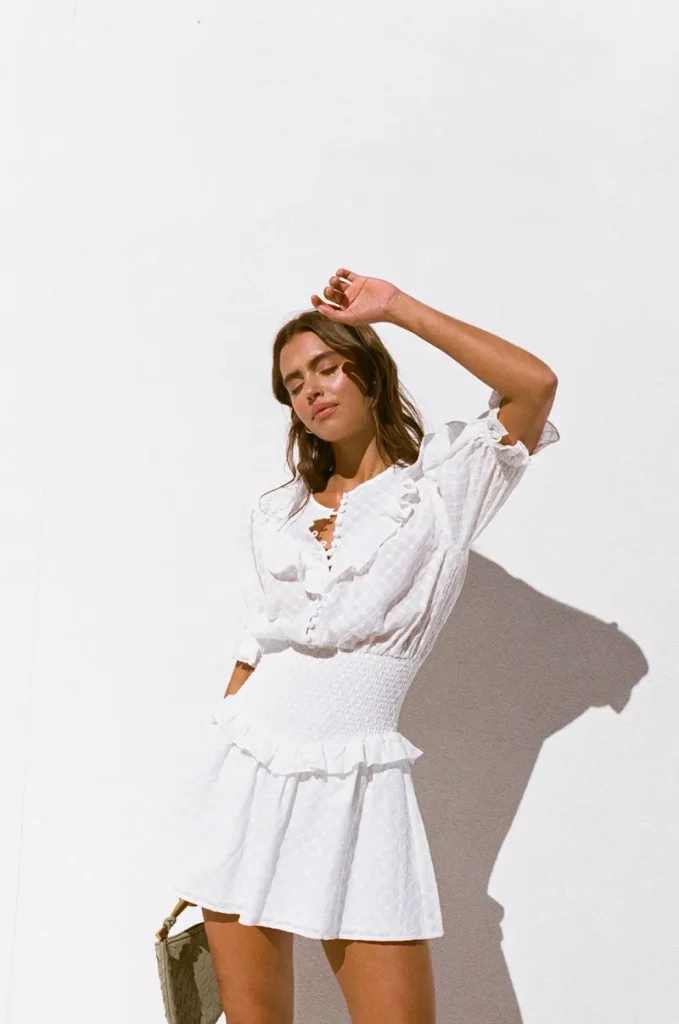 White Floral Shirred Dress