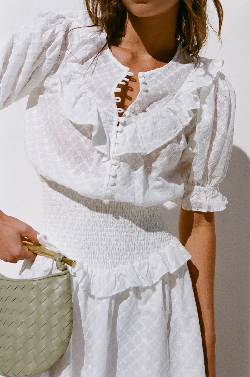 White Floral Shirred Dress - Image 2