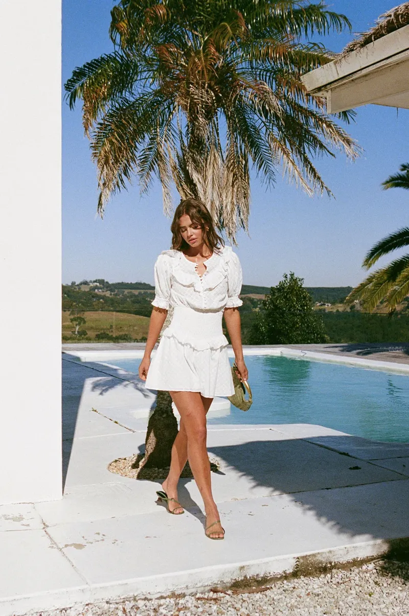 White Floral Shirred Dress - Image 3