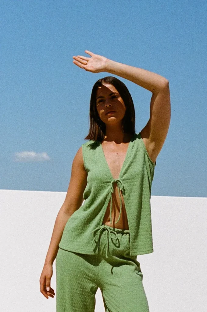 Green Textured Split Top