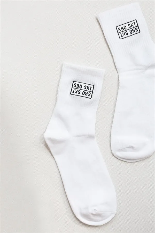 White Embroidered Crew Socks